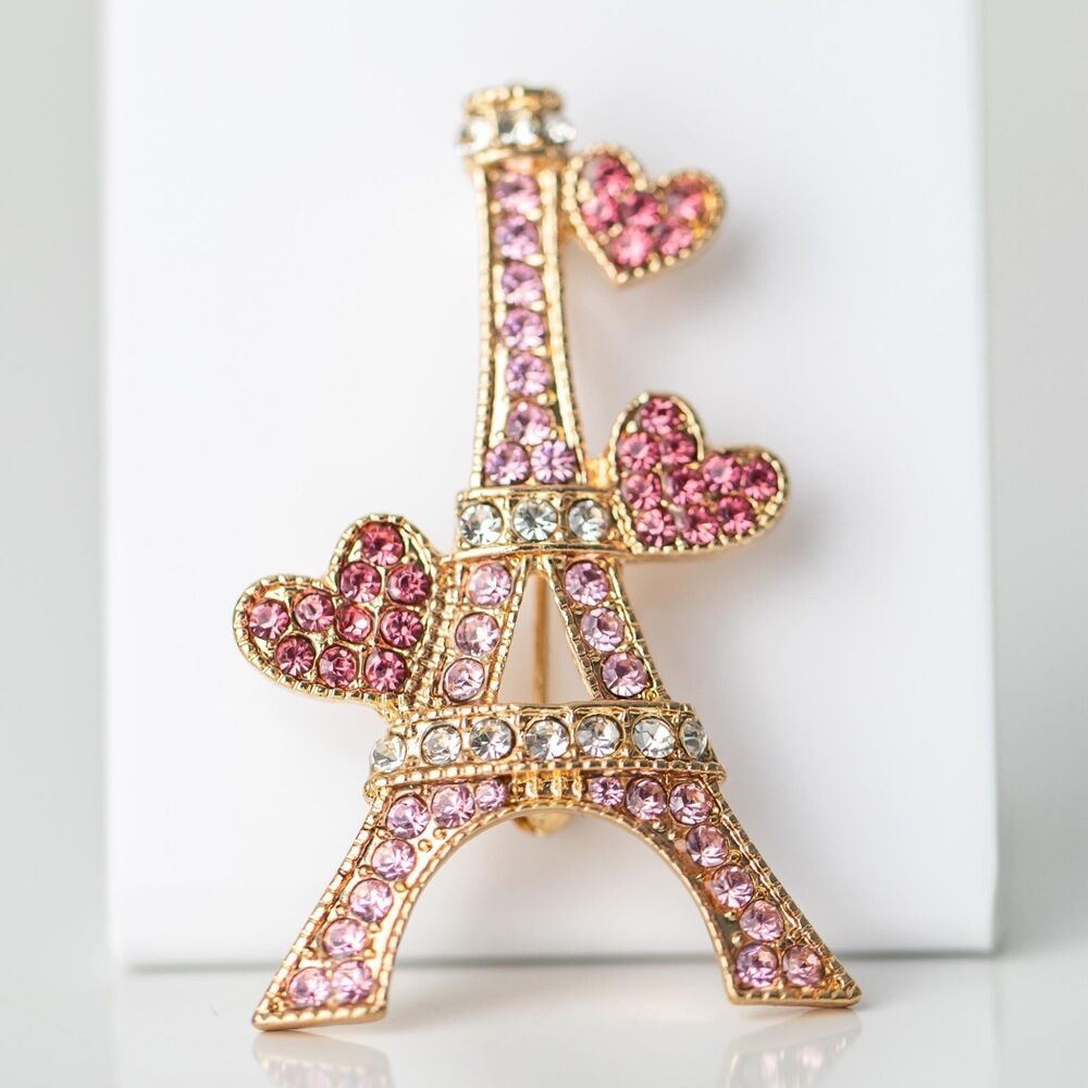 Monet Eiffel Tower Brooch Pin Pink Rhinestone Hearts Gold Tone Paris Jewelry